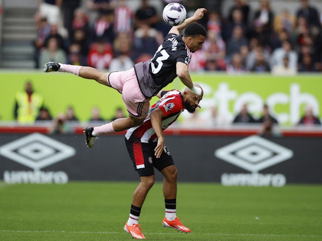 Brentford's Bryan Mbeumo in action with Fulham's Antonee Robinson on May 4, 2024