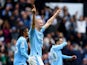 Manchester City's Erling Haaland celebrates scoring their third goal and completes his hat-trick on May 4, 2024