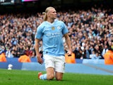 Manchester City's Erling Haaland celebrates scoring their second goal on May 4, 2024