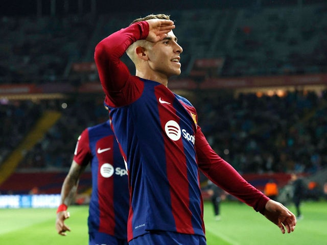 Barcelona's Fermin Lopez celebrates scoring their first goal on April 29, 2024