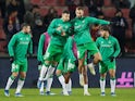 Real Betis' Guido Rodriguez, Aitor Ruibal, German Pezzella and Abde Ezzalzouli during the warm up before the match on November 30, 2023