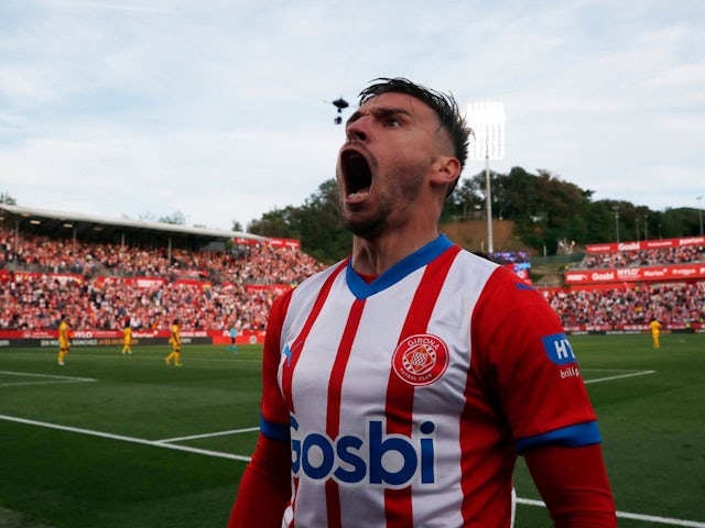 Girona's Portu celebrates scoring their second goal on May 4, 2024