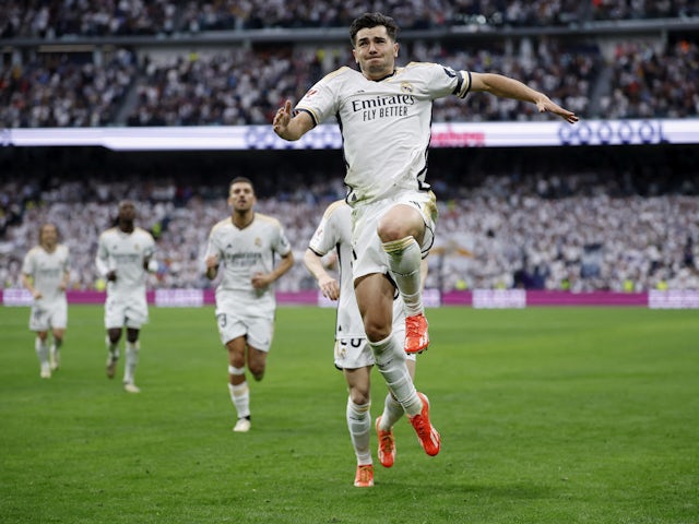 Real Madrid's Brahim Diaz celebrates scoring against Cadiz on May 4, 2024