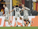 Bayer Leverkusen's Florian Wirtz celebrates scoring against Roma on May 2, 2024