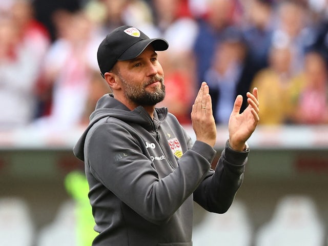 VfB Stuttgart coach Sebastian Hoeness applauds fans after the match on May 4, 2024