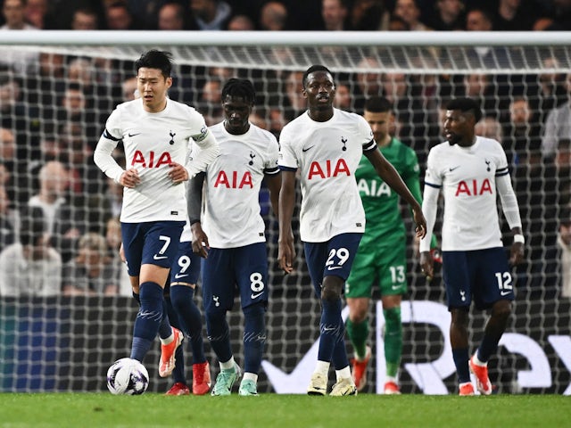 Tottenham Hotspur's Son Heung-min, Yves Bissouma and Pape Matar Sarr look dejected after Chelsea's Trevoh Chalobah scores his first goal on May 2, 2024.