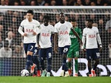 Tottenham Hotspur's Son Heung-min, Yves Bissouma and Pape Matar Sarr look dejected after Chelsea's Trevoh Chalobah scores their first goal on May 2, 2024