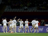 Valencia's Pepelu celebrates scoring their second goal with teammates on April 29, 2024