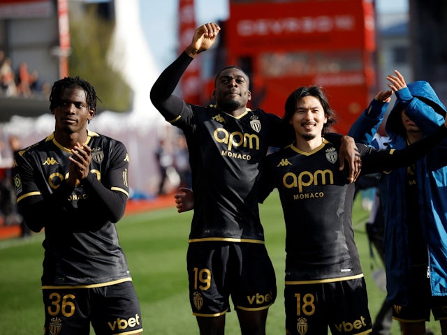 Monaco's Youssouf Fofana, Takumi Minamino and Breel Embolo celebrate after the match on April 21, 2024