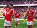 Benfica's Rafa Silva celebrates scoring their fourth goal with Angel Di Maria on May 12, 2024