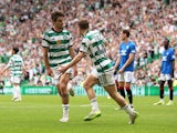 Celtic's Matt O'Riley celebrates scoring against Rangers on May 11, 2024