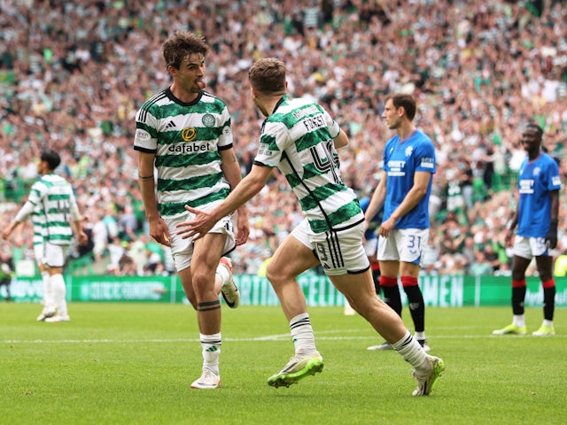 Celtic's Matt O'Riley celebrates scoring against Rangers on May 11, 2024