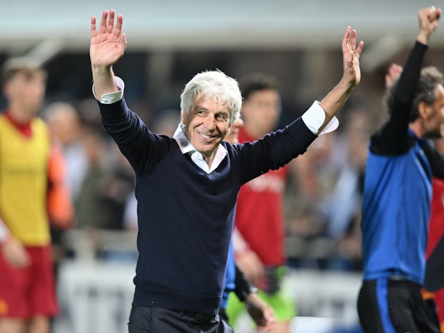 Atalanta coach Gian Piero Gasperini celebrates after the match on May 12, 2024