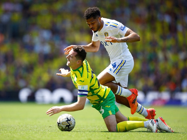 Kenny McLean and Georginio Rutter in action for Norwich City and Leeds United on May 12, 2024.