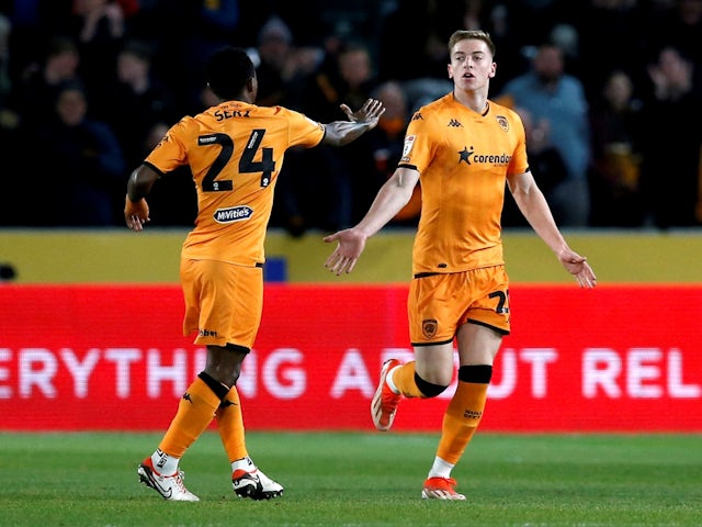 Hull City's Liam Delap celebrates scoring their second goal on April 27, 2024
