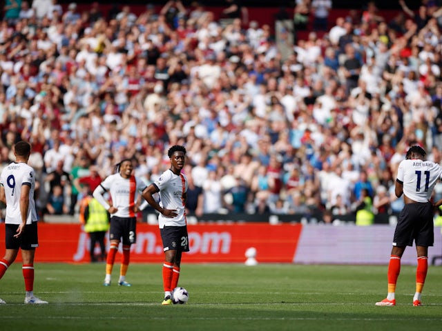 Luton Town's Albert Sambi Lokonga reacts after West Ham United's Tomas Soucek scores their second goal on May 11, 2024