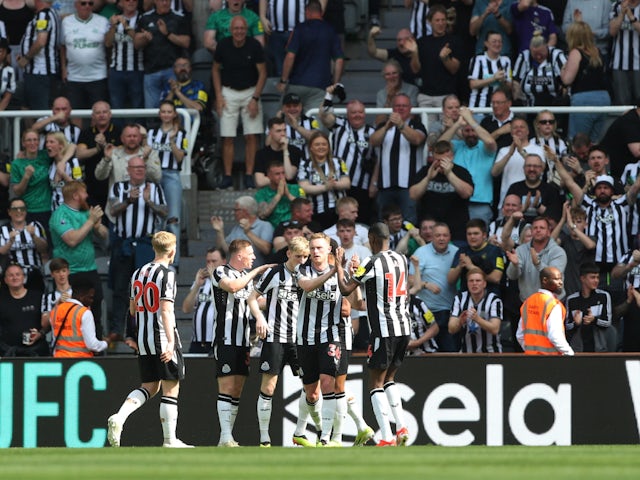 Newcastle United's Sean Longstaff celebrates scoring their first goal on May 11, 2024