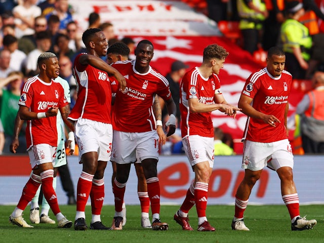 Nottingham Forest celebrate scoring against Chelsea on May 11, 2024.