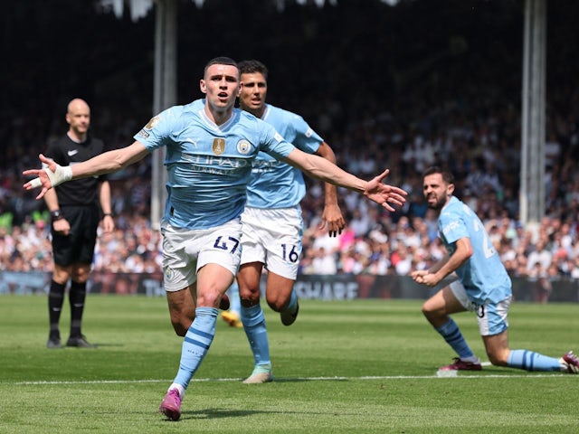Manchester City's Phil Foden celebrates scoring their second goal with Rodri on May 11, 2024