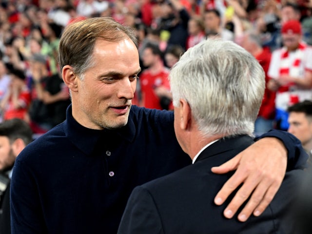 Bayern Munich coach Thomas Tuchel and Real Madrid coach Carlo Ancelotti before the match on April 30, 2024.