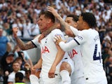 Tottenham Hotspur's Micky van de Ven celebrates scoring their second goal on May 11, 2024