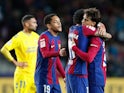 FC Barcelona's Raphinha, Joao Felix and Vitor Roque celebrate after the match on March 30, 2024