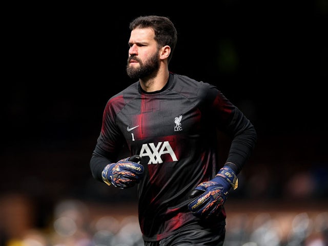 Alisson during the warm up before the match on April 1, 2024