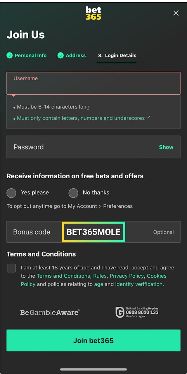 Bet365 bonus code BET365MOLE, bet365 sign up page, Bet365, betting, UK sports betting