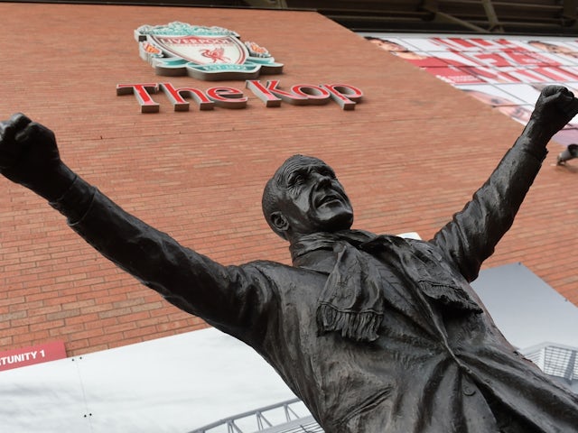 General view of a statue of former Liverpool manager Bill Shankly outside Anfield on August 15, 2022