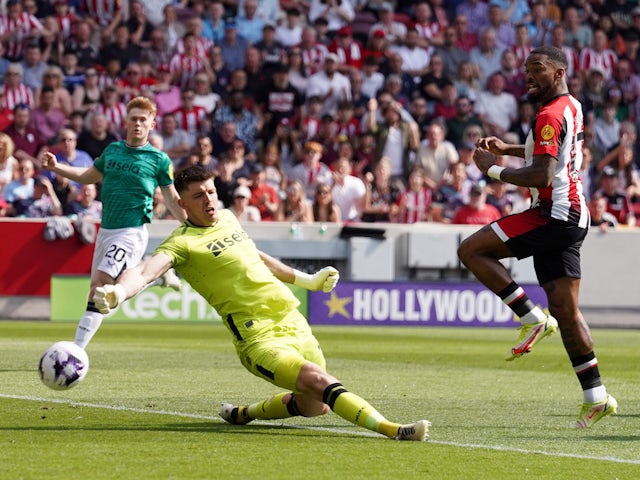 Brentford's Ivan Toney scores a goal before it was disallowed on May 19, 2024