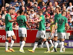 Newcastle United players celebrate after Harvey Barnes scores against Brentford on May 19, 2024