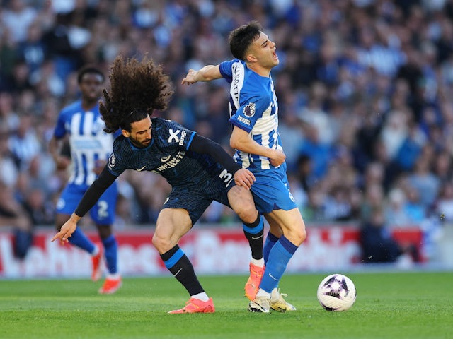 Chelsea's Marc Cucurella in action with Brighton & Hove Albion's Facundo Buonanotte on May 15, 2024