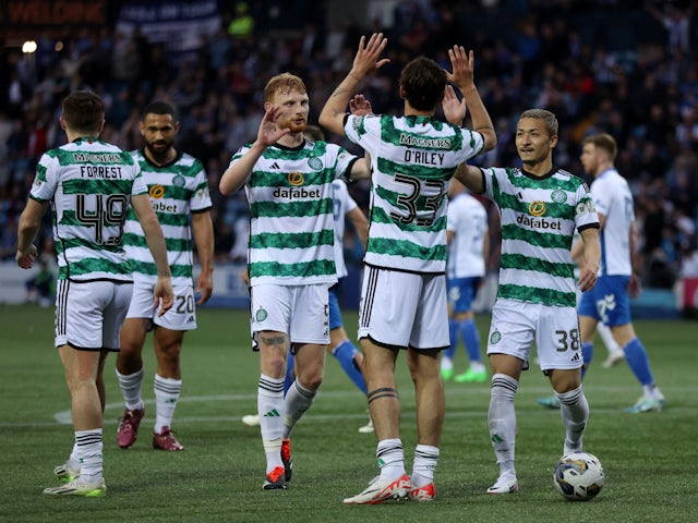 Celtic's Matt O'Riley celebrates scoring their fourth goal on May 15, 2024