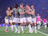 Juventus' Dusan Vlahovic celebrates scoring their first goal with teammates on May 15, 2024
