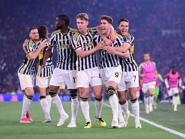 Juventus' Dusan Vlahovic celebrates scoring their first goal with teammates on May 15, 2024