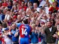 Crystal Palace's Jean-Philippe Mateta celebrates scoring their second goal in front of fans on May 19, 2024