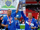 Stockport County's Liam Dickinson and Anthony Pilkington celebrate with the trophy after winning the League Two playoff final on May 26, 2008