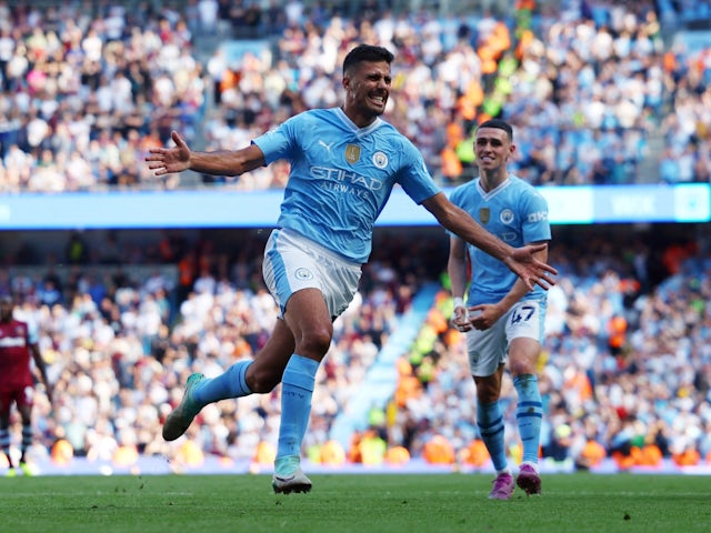 Manchester City's Rodri celebrates scoring their third goal on May 19, 2024