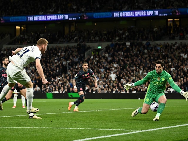 Manchester City's Stefan Ortega saves from Tottenham Hotspur's Dejan Kulusevski on May 14, 2024