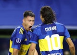 Boca Juniors' Aaron Anselmino celebrates scoring their first goal with Edinson Cavani on May 23, 2024