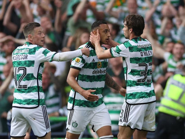 Celtic's Adam Idah celebrates scoring their first goal with teammates on May 25, 2024