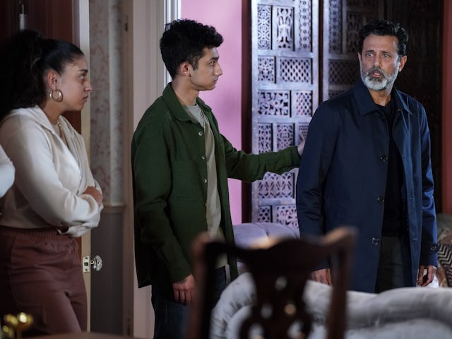 Avani, Nugget and Nish on EastEnders on May 29, 2024