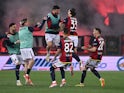 Bologna's Riccardo Calafiori celebrates scoring their first goal with teammates on May 20, 2024