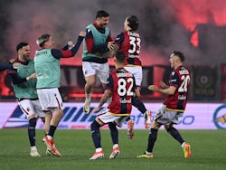 Bologna's Riccardo Calafiori celebrates scoring their first goal with teammates on May 20, 2024