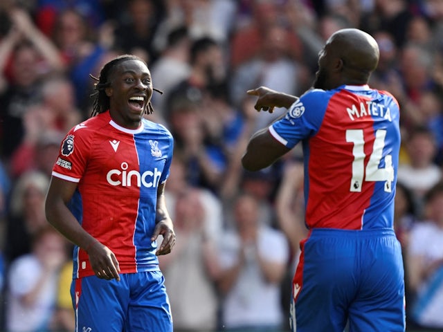 Crystal Palace's Eberechi Eze celebrates scoring their fifth goal with teammate Jean-Philippe Mateta on May 19, 2024