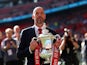 Manchester United manager Erik ten Hag celebrates with the trophy after winning the FA Cup on May 25, 2024