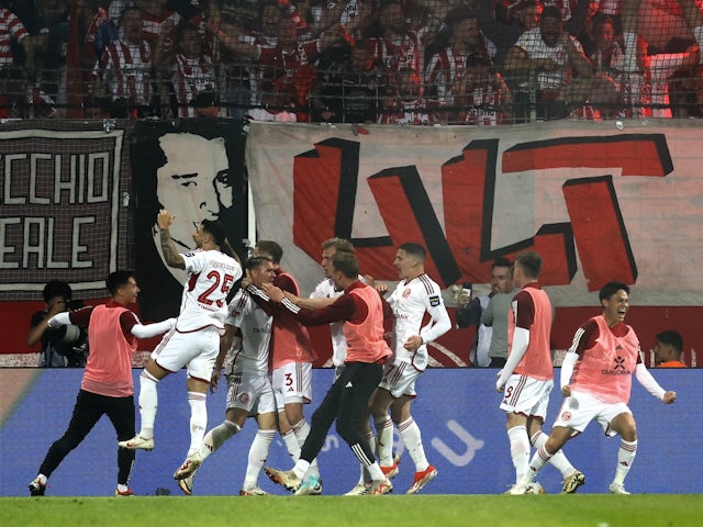 Fortuna Dusseldorf players celebrates after Felix Klaus scores their second goal on May 23, 2024