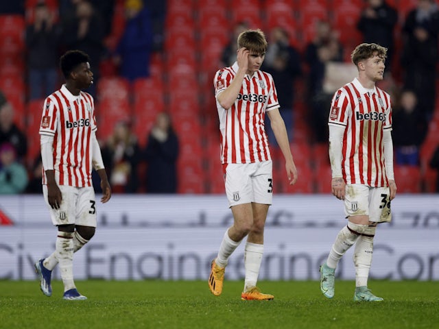 Stoke City players react to conceding against Brighton & Hove Albion in January 2024.