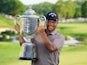 Xander Schauffele holds The Wanamaker Trophy after winning the PGA Championship golf tournament at Valhalla Golf Club on May 19, 2024