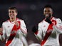 Miguel Borja and Nicolas Fonseca celebrate a River Plate goal in May 2024 at the Copa Libertadores